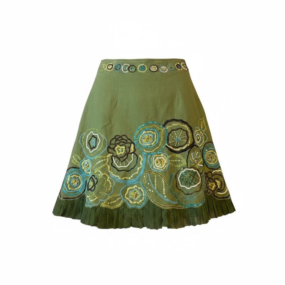 Christopher Fischer Beaded Floral A-Line Skirt Olive 10